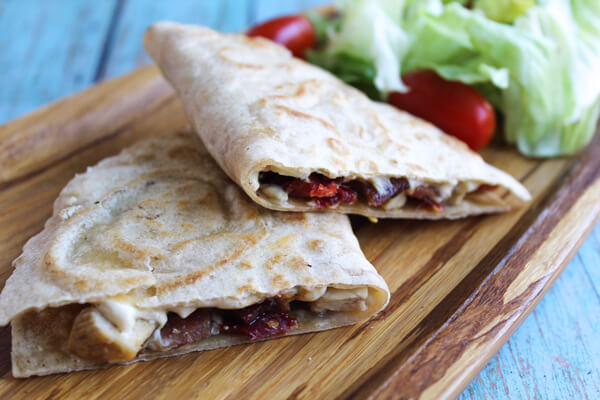 This blt chicken quesadilla has sun dried tomatoes and is dairy-free.